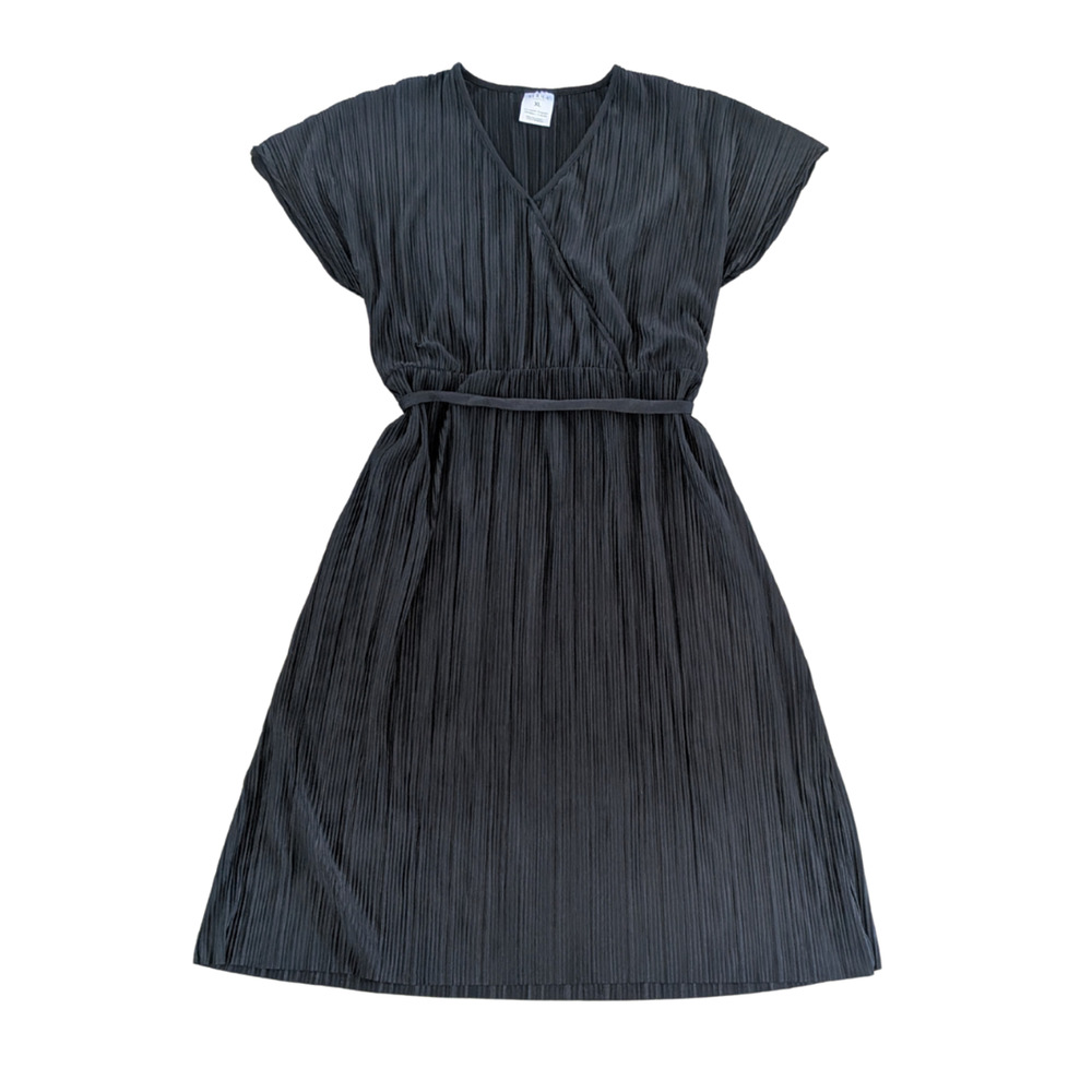 SERRA Women’s XL Black Pleated Midi Dress Wrap Tie Waist Stretch Casual Elegant